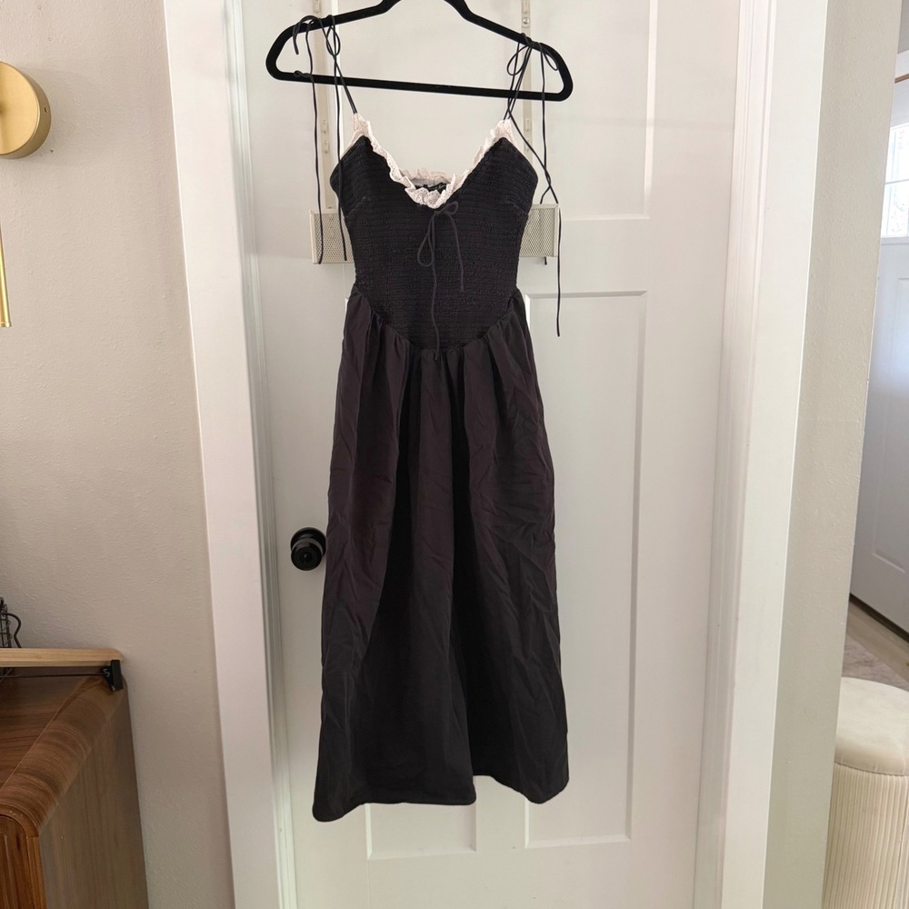 For Love and Lemons Bethany Black Smocked Midi Dress Lace Trim Tie Front Size M